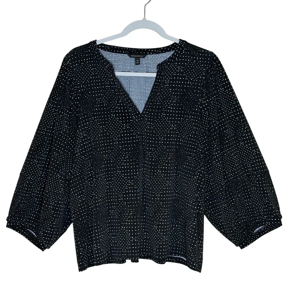 Banana Republic Black Polka Dot Blouse XL V-Neck Puff Sleeve Workwear Top